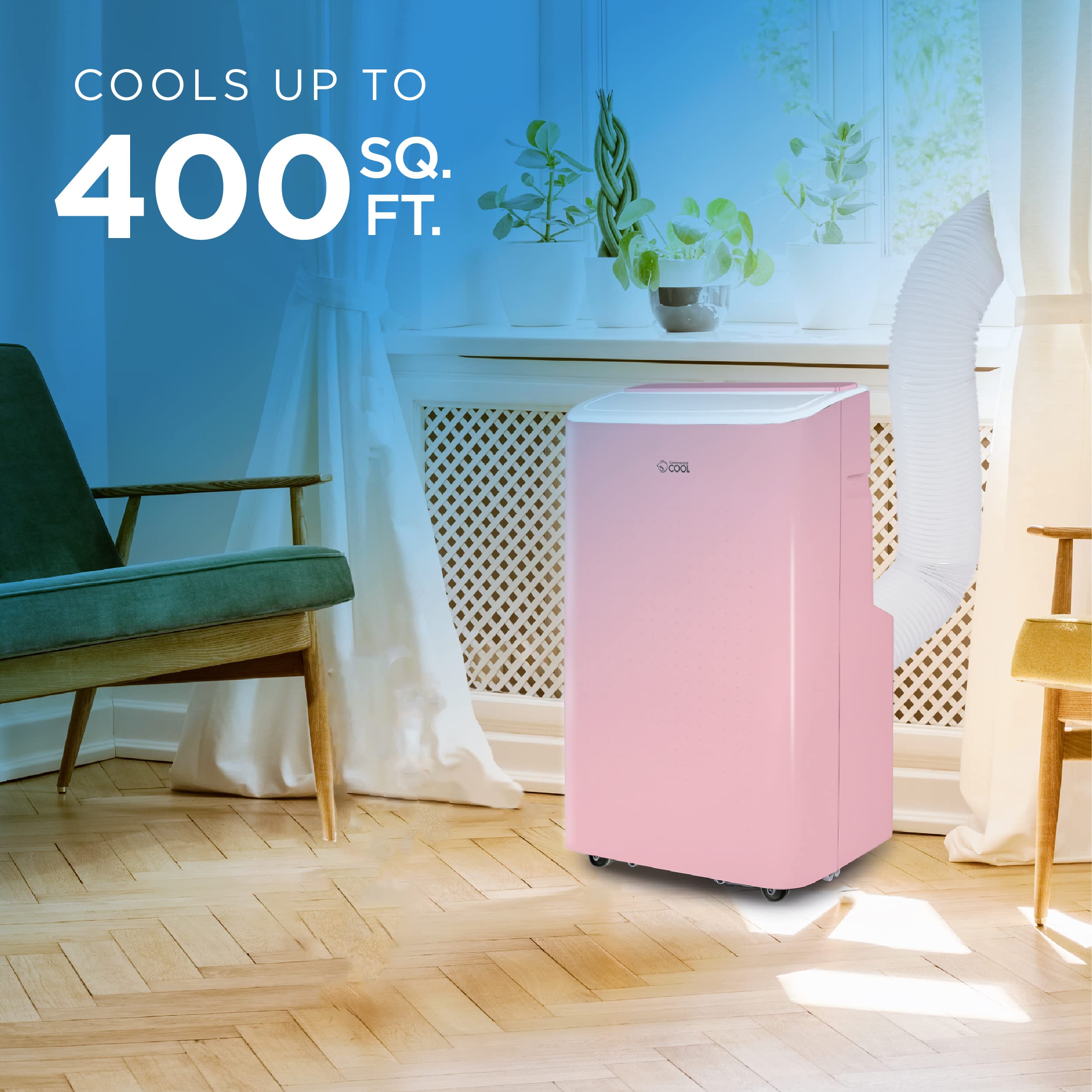 COMMERCIAL COOL 9,000 BTU Portable Air Conditioner with Dehumidifier & Fan - Cools Up to 400 Sq. Ft, Wi-Fi Enabled, Pink - Perfect for Bedrooms, Offices & Small Apartments
