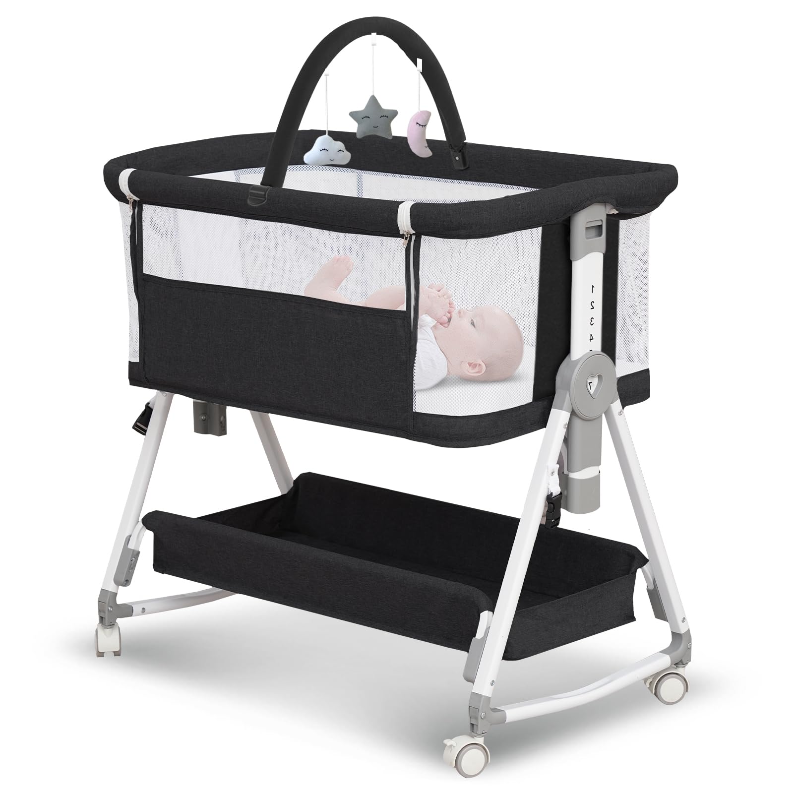 3-in-1 Portable Baby Bassinet with Hanging Toys | Foldable Bedside Sleeper Crib with 4-Sided Mesh, Wheels & Storage Basket | 6 Height Adjustable for Newborns & Infants | Perfect for Nursery, Bedroom & Travel (Black)