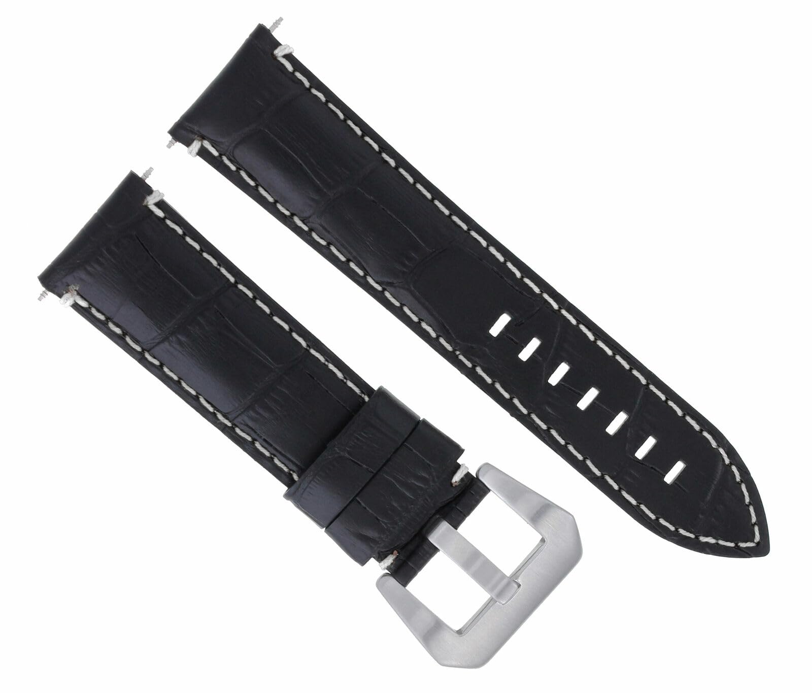 22mm Genuine Leather Watch Band Strap for Anonimo Watches - Black with White Stitching | Premium Replacement Watch Strap for Men | Dress Watch Accessory for Business & Formal Occasions