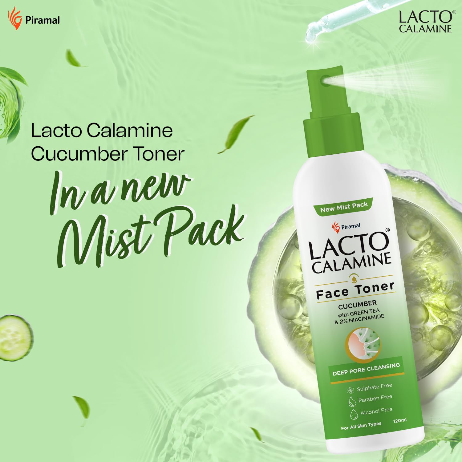 Lacto Calamine Face Toner with Cucumber & Green Tea | 3-Pack (120ml Each) | Deep Pore Cleansing, Tightening & Hydration | 2% Niacinamide for Glowing Skin | Sulfate, Alcohol & Paraben Free | Perfect for Daily Skincare & Post-Workout Refreshment
