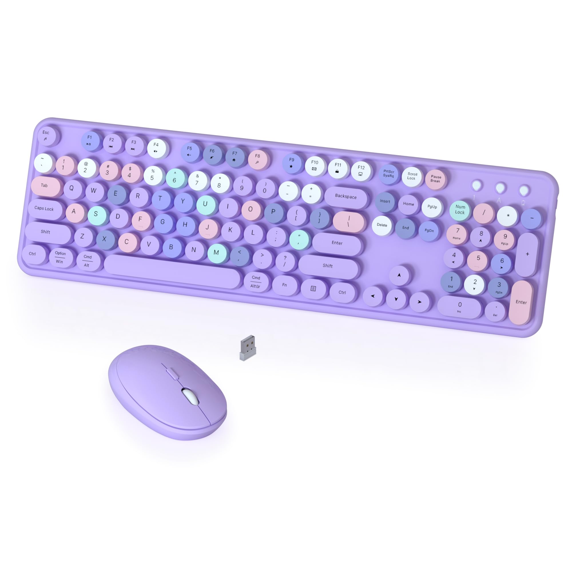 COVEVA Retro Wireless Keyboard and Mouse Combo - 2.4GHz Full-Sized 104-Key Round Keycap Set with Switch Button for PC, Laptop, Desktop (Purple) - Perfect for Home Office, Gaming & Creative Workspaces