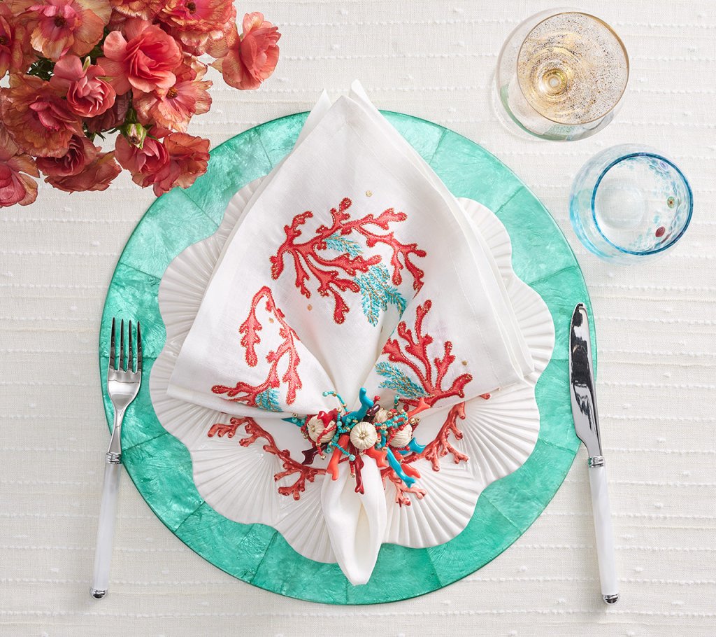 Premium White, Coral & Turquoise Coral Spray Napkins - Set of 4 for Elegant Dinner Parties, Beach Weddings & Coastal Home Decor