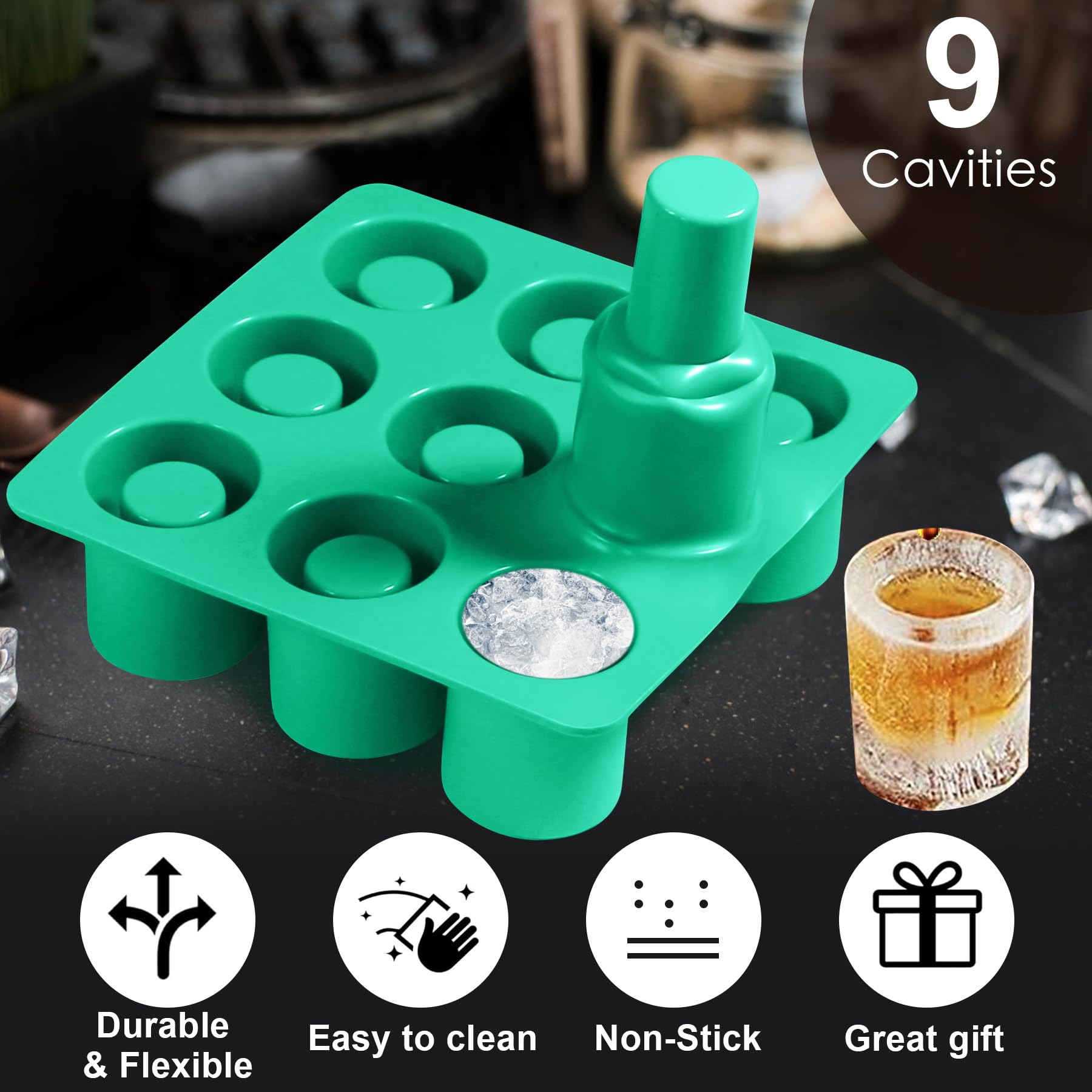 9-Cavity Round Silicone Shot Glass Molds - Reusable Baking Set for Chocolate, Candy & Ice Cubes - Perfect for Cocktail Parties, Baking & Freezing (Green)