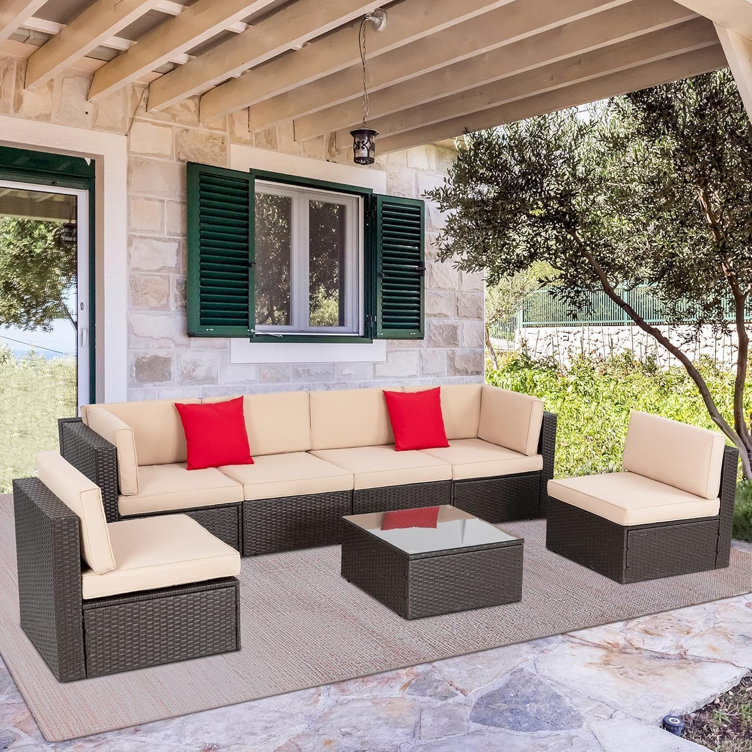 Shintenchi 7-Piece All-Weather Outdoor Patio Furniture Set - PE Rattan Wicker Sectional Sofa with Glass Table, Ottoman, Cushions & Red Pillows - Neutral Color for Backyard, Garden, Poolside or Deck Relaxation