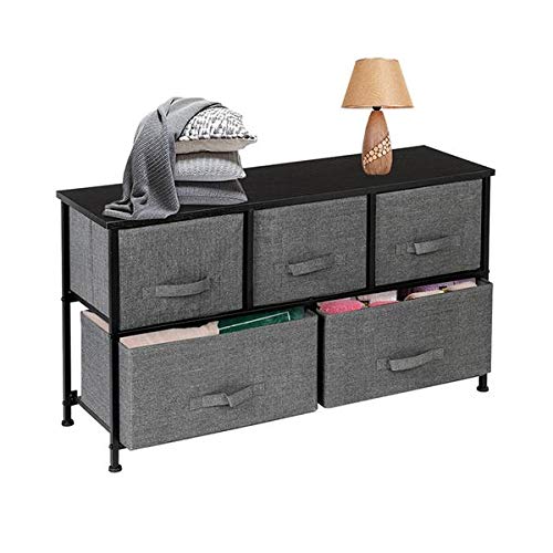 SSLine Extra Wide Dresser Storage Tower - 5 Drawer Nursery Dresser with Sturdy Iron Frame & MDF Wood Top - Easy Pull Fabric Drawers for Bedroom, Closet, Dorm Organization - Space Saving Multi-Purpose Organizer (Gray) - Perfect for Baby Room Storage, College Dorm Essentials & Home Organization