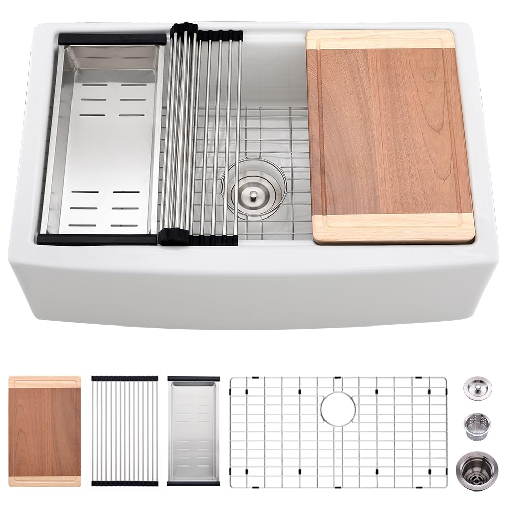 33 Inch White Fireclay Farmhouse Sink Workstation - VASOYO 33x21 Apron Front Kitchen Sink, Deep Single Bowl Ceramic Porcelain Sink for Modern Farmhouse & Rustic Kitchens, Perfect for Meal Prep, Washing Dishes, and Entertaining