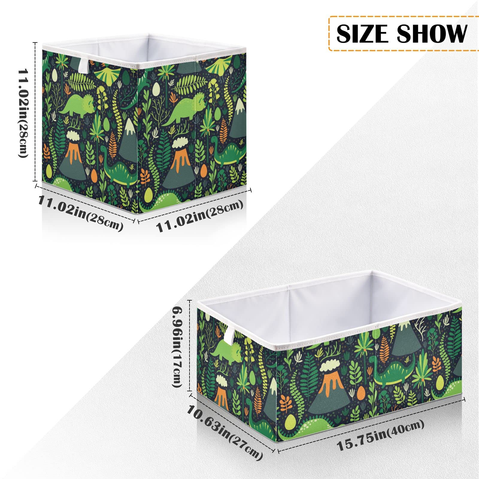 Handmade Dinosaur Pattern Foldable Fabric Storage Bins with Handles - 11x11x11 Inch Waterproof Closet Organizer for Bedroom, Kids Room & Office - Space Saving Home Organization Solution for Toys, Books & Supplies