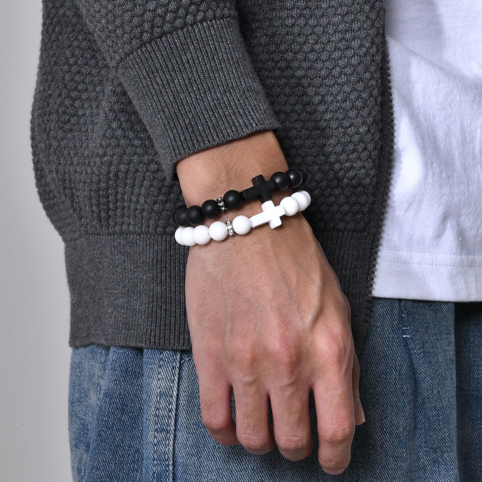 MEALGUET 2 Pack Silicone Cross Bracelet Set for Men & Women - Stretchable Jesus Wristband with Beaded Design, Religious Christian Catholic Jewelry Gift for Faithful - Perfect for Church, Bible Study & Daily Wear