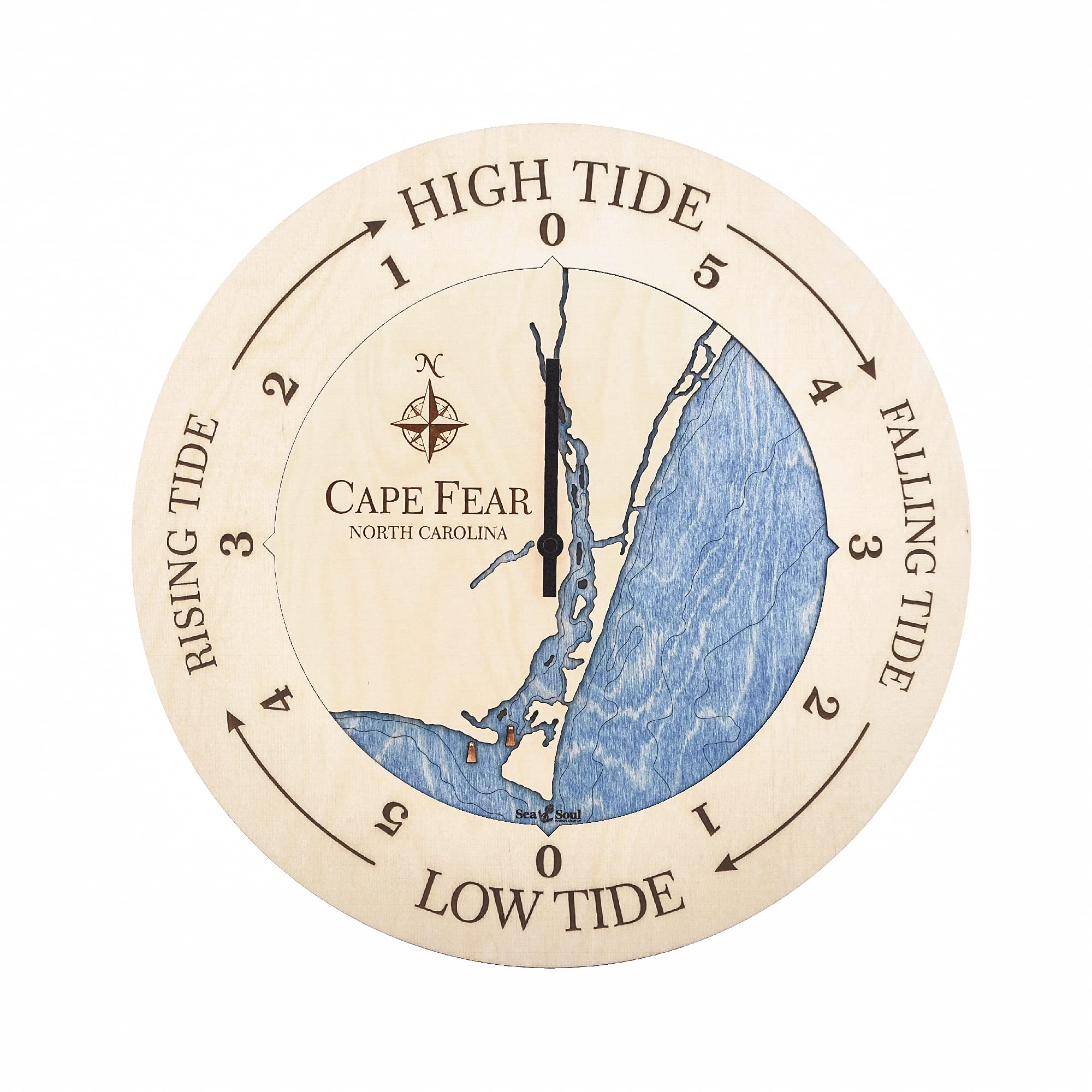 Sea & Soul Cape Fear 3D Wood Tide Clock - 16-Inch Nautical Chart Wall Decor for East Coast | Unique Fisherman & Sailor Gifts | Coastal Home Décor for Living Room, Office or Beach House (Golden Honey/Deep Blue)