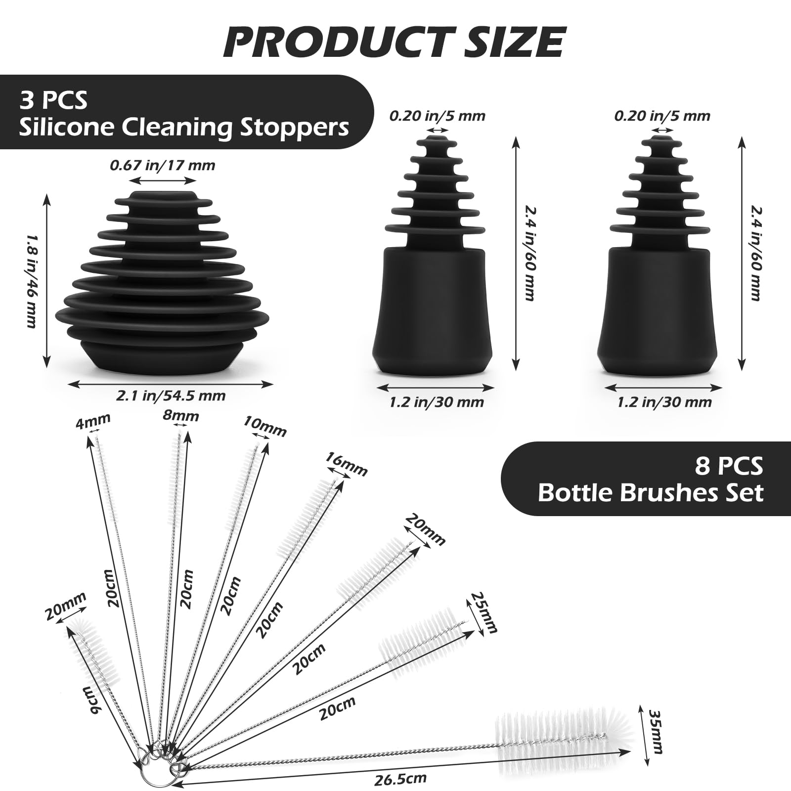3PCS Silicone Cleaning Plugs with 8PCS Brushes - Glass Pipe Cleaning Kit for Water Pipes & Storage (Black)