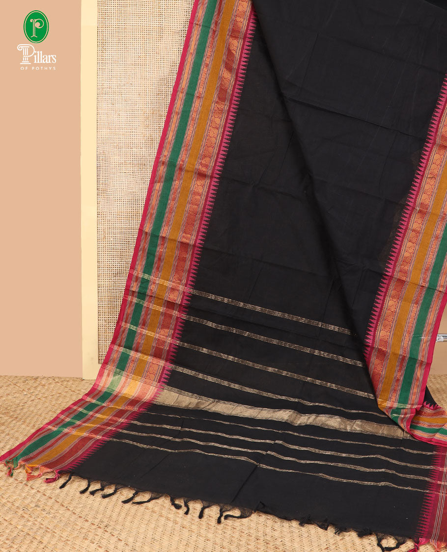 Black Chettinad Cotton Saree with Traditional Contrast Border & Self-Lining Pallu - Plain Blouse Included | Perfect for Indian Weddings, Festivals & Cultural Events