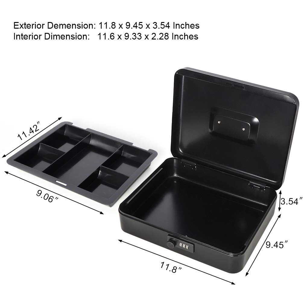 Heavy Duty Metal Cash Box with Combination Lock - Large Secure Money Storage Box with Removable Tray (11.8