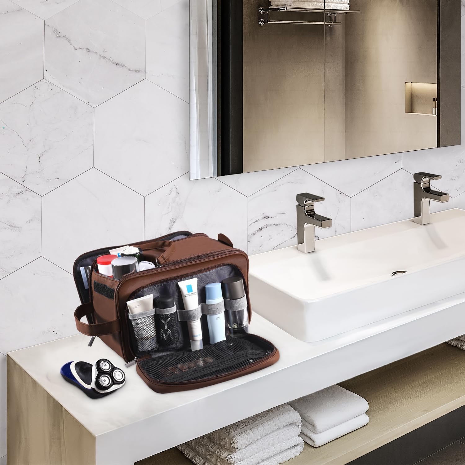 Buruis Extra Large Waterproof Travel Toiletry Bag for Men - PU Leather Dopp Kit Organizer with Multiple Pockets for Shaving, Grooming & Cosmetic Accessories (Brown) - Perfect for Business Trips, Gym, Camping & Vacation Essentials