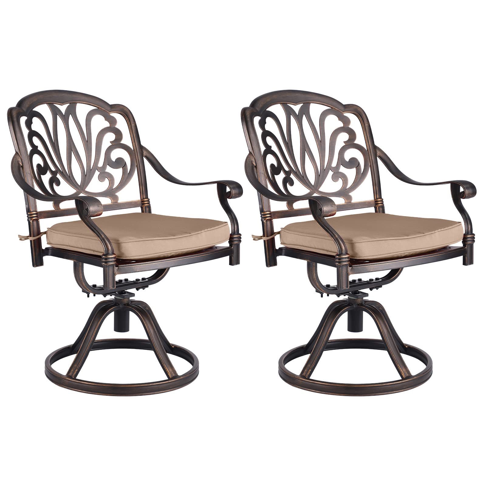 2-Piece Outdoor Patio Dining Set - Cast Aluminum Bistro Swivel Arm Chairs in Bronze (Khaki) - Perfect for Backyard, Garden, Poolside & Restaurant Outdoor Seating