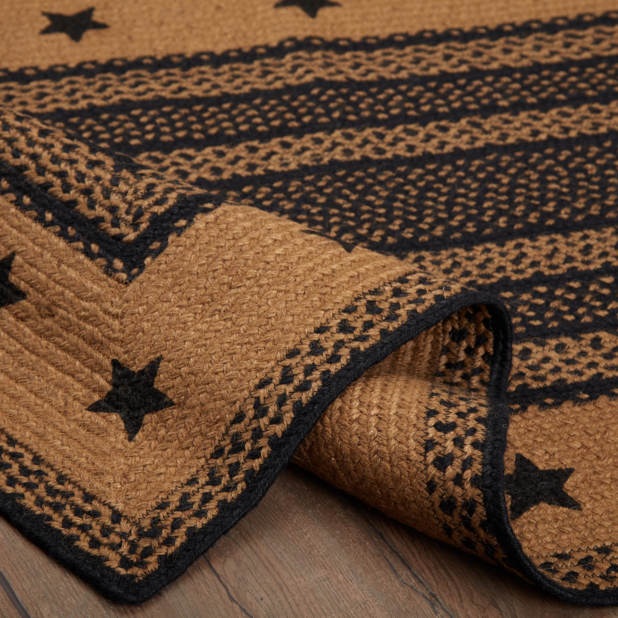 VHC Brands Farmhouse Jute Rectangular Rug 36x60 Inch with Stencil Stars Border & Non-Slip Pad - Black - Perfect for Living Room, Bedroom, and Home Decor