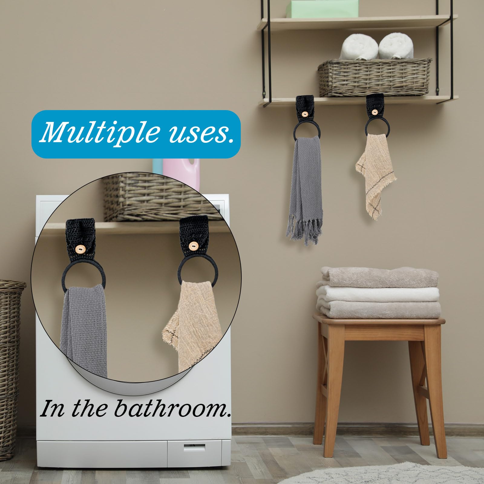 Tatuo 3-Piece Crochet Towel Holder Set - Hanging Kitchen & Bathroom Dish Towel Rings - Oven Handle Hooks for Stove (Black) - Perfect for Organizing Kitchen Towels, Oven Mitts & Utensils
