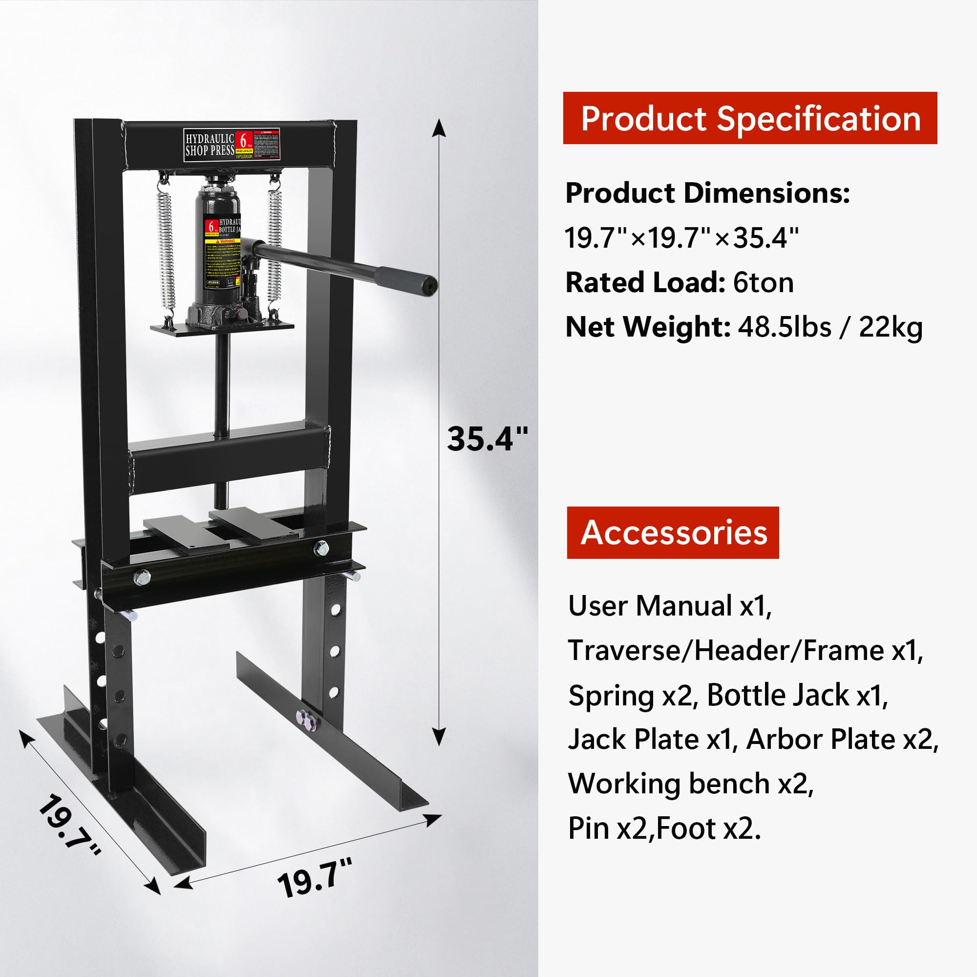 6 Ton H-Frame Hydraulic Shop Press - Heavy Duty Garage Floor Press with Adjustable Height for Bending, Straightening, Stamping, Bearing & U-Joint Installation - Perfect for Auto Repair, Metalworking & DIY Projects