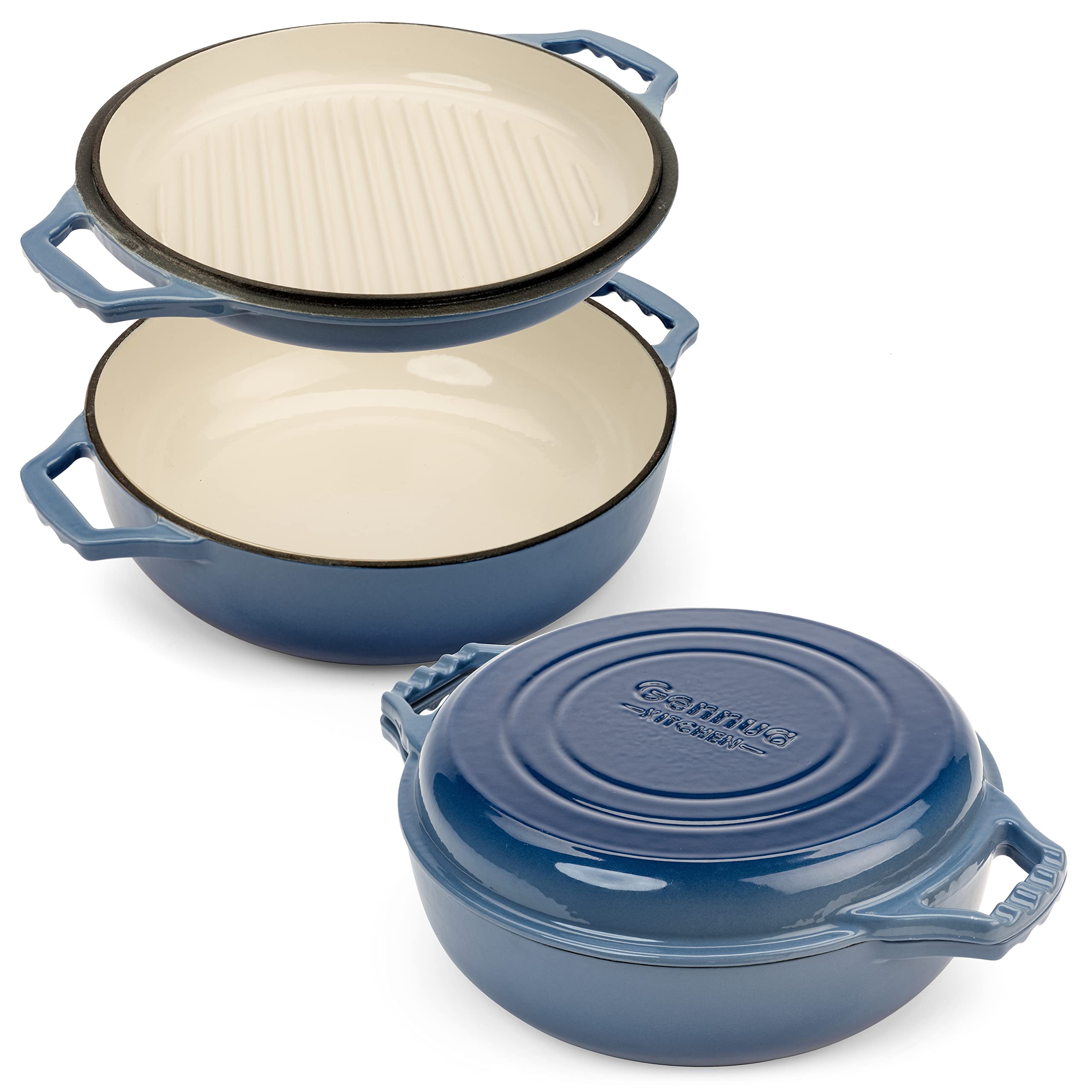 2-in-1 Enameled Cast Iron Braiser Pan with Grill Lid - 3.3-Quart Small Dutch Oven, Casserole & Stovetop Grill Pan, Durable Cast Iron Cookware for Roasting, Baking, Searing & Grilling - Perfect for Kitchen, Camping & Outdoor Cooking