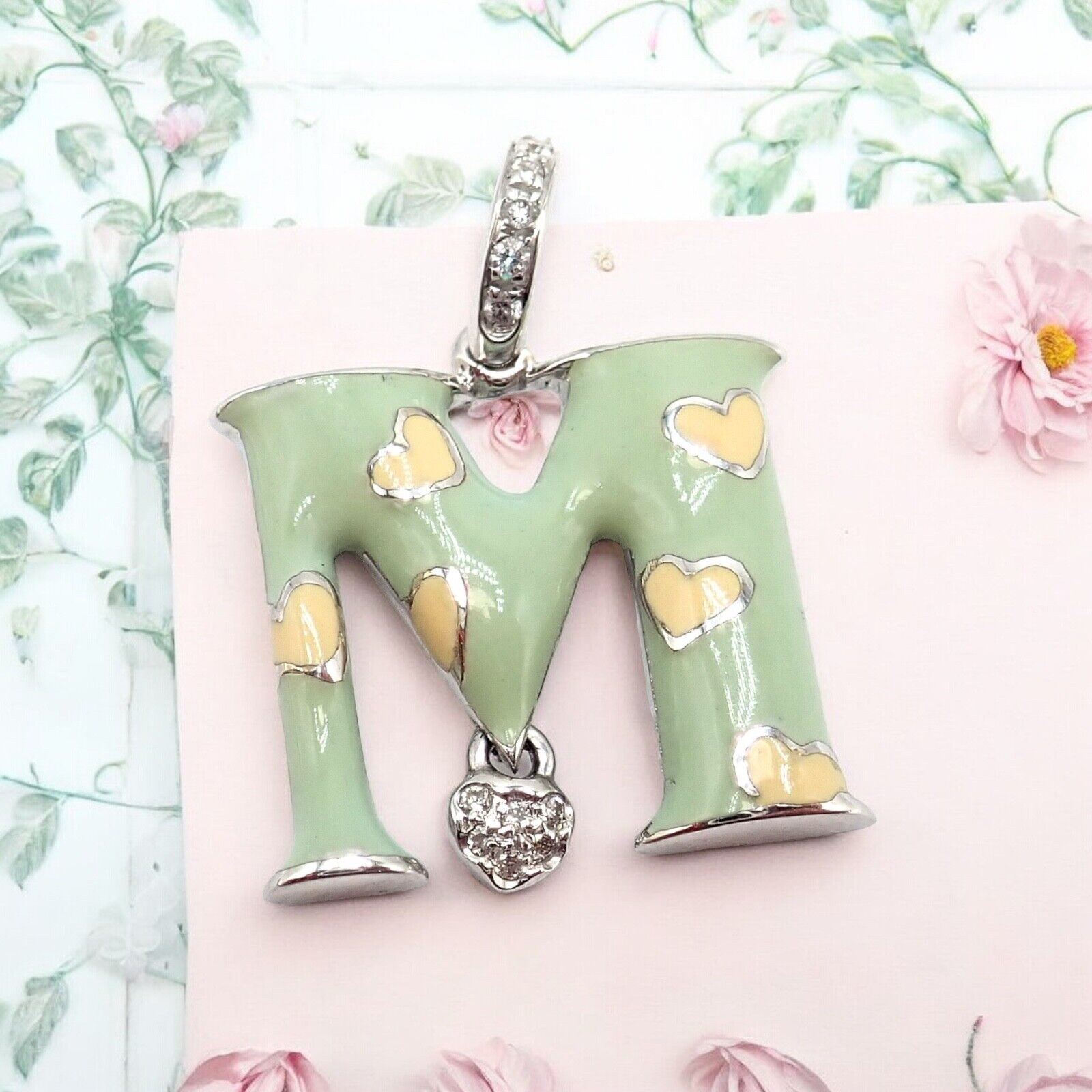 Aaron Basha 18k White Gold Diamond Green Enamel Baby M Initial Charm Pendant - Elegant Personalized Jewelry Gift for Newborns, Christening & Baby Showers