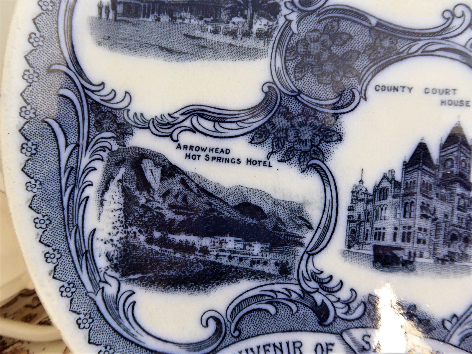Antique English Flow Blue Transferware Plate - San Bernardino California 1890s Victorian Style for Home Decor & Collectibles