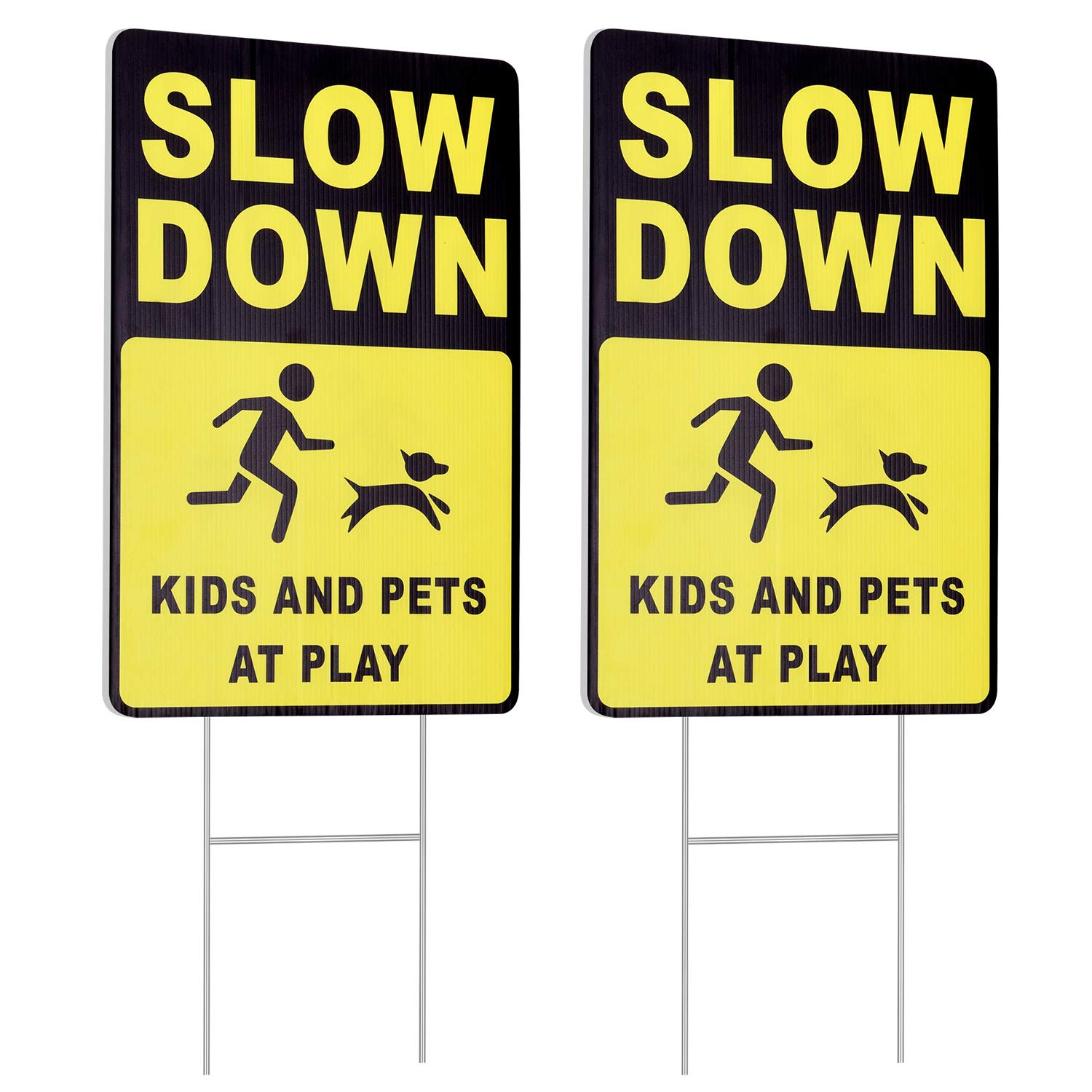 2 Pack Slow Down Signs for Kids & Pets - Double Sided 16''x12'' Corrugated Plastic Yard Signs with Metal H-Stakes, Weather Resistant & Easy to Install | Perfect for Play Areas, School Zones & Neighborhood Safety