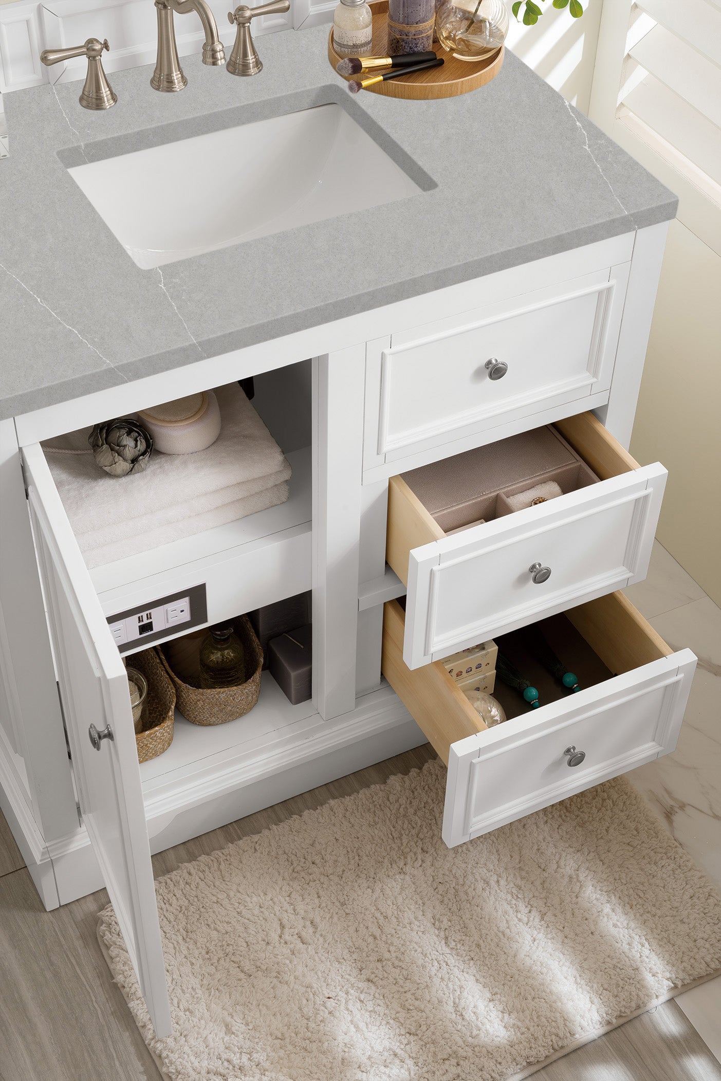 De Soto 36 Inch Single Bathroom Vanity Set with 3CM Eternal Serena Quartz Top in Bright White - Perfect for Modern Bathroom Renovations and Small Space Designs