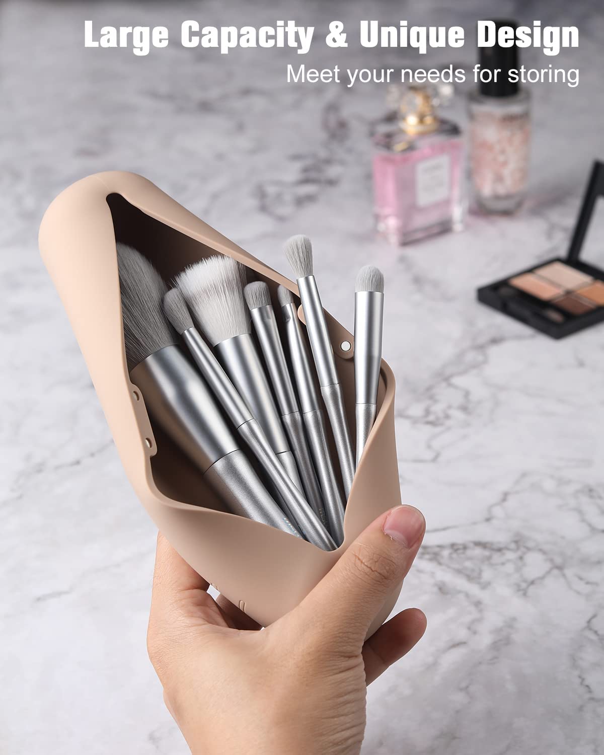 Golden Bird Silicone Makeup Brush Holder - Compact Travel Case for Foundation Brushes, Portable Cosmetic Organizer (Brushes Not Included) - Brown Small Size | Perfect for Travel, Home Vanity & Professional Makeup Artists