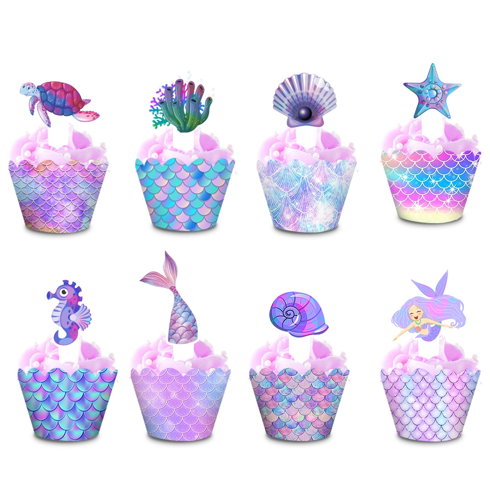 48-Piece Mermaid Cupcake Toppers & Ocean Cupcake Wrappers Kit - Under the Sea Party Decorations, Baby Shower Favors, Cake Decor - Perfect for Birthday Parties, Themed Events & Dessert Displays