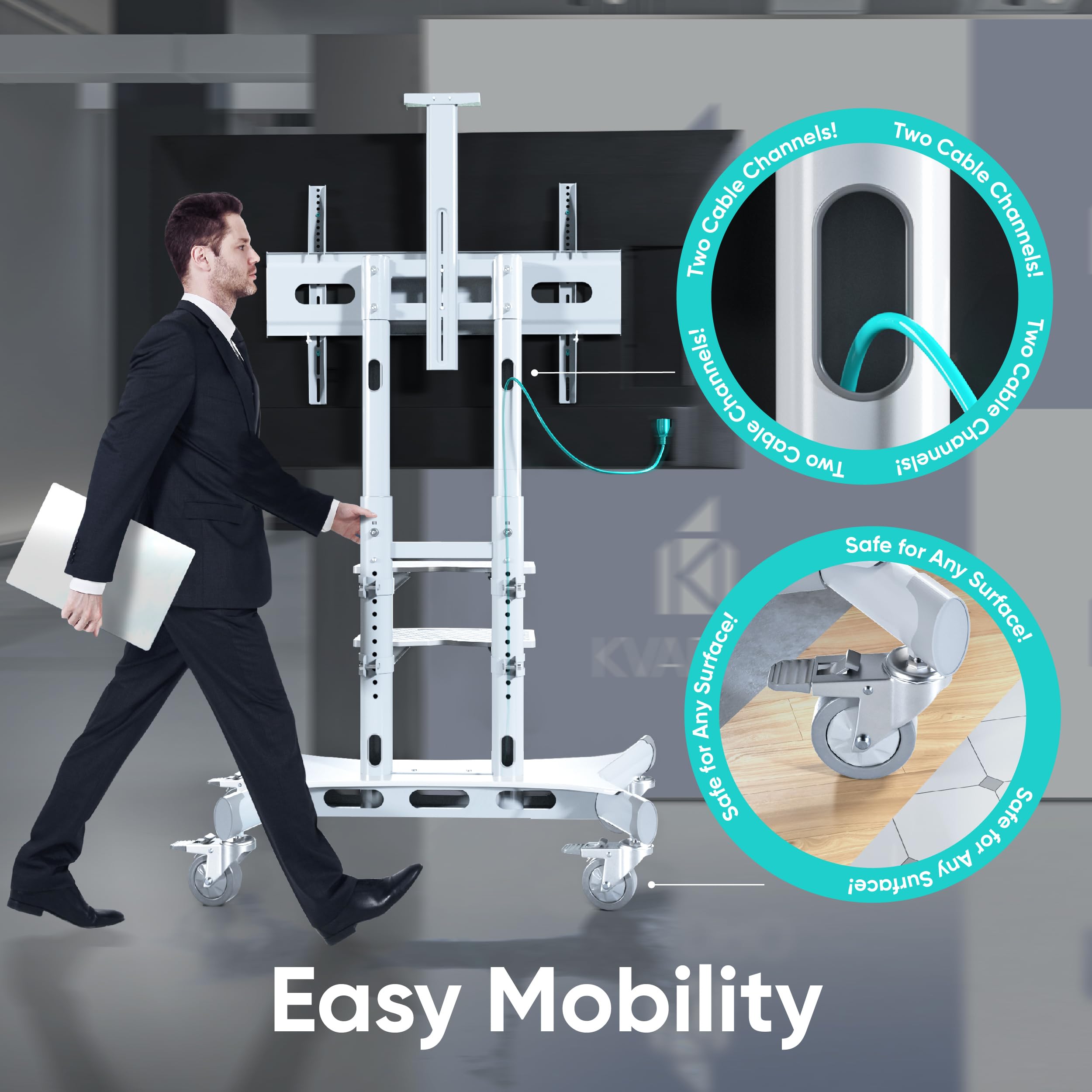 ONKRON Mobile TV Stand on Wheels for 50-86 Inch TVs up to 200 lbs - Height Adjustable Rolling TV Cart with Shelves, Max VESA 800x500 - White | Perfect for Living Rooms, Classrooms, and Office Presentations