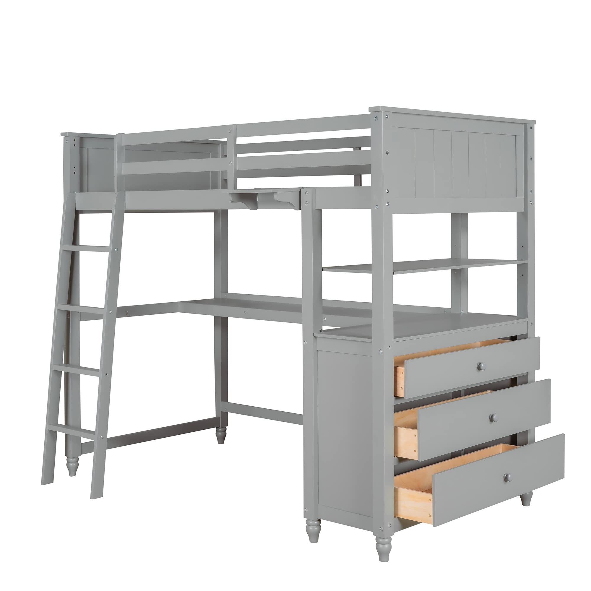 Merax Twin Size Loft Bed with Desk & Ladder - Sturdy Wood Loft Bed Frame with Storage Drawers and Shelves, Space-Saving Gray Bed for Kids & Teens - Perfect for Small Bedrooms, Dorm Rooms & Studio Apartments