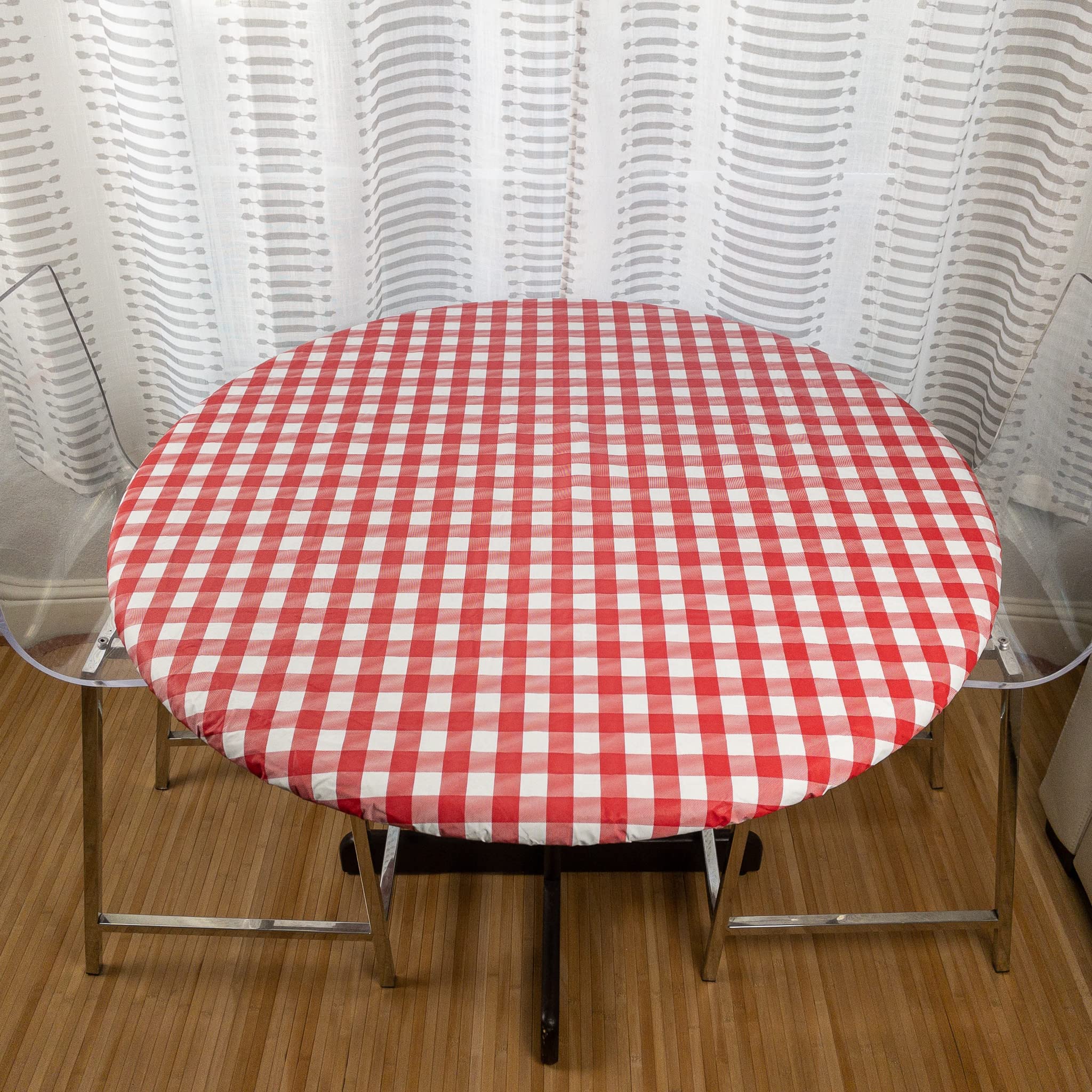Round Elastic Vinyl Tablecloth with Flannel Backing - Waterproof, Wipeable Fitted Table Cover for Indoor & Outdoor Use (Red Checkered, Fits 46