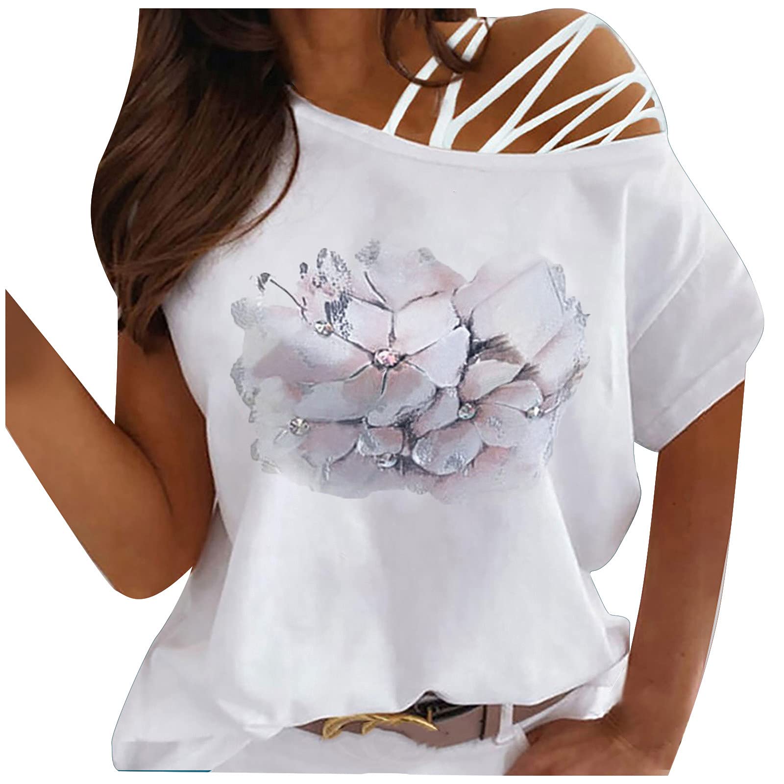 Sexy One Shoulder Strappy T-Shirt for Women - Casual Summer Short Sleeve Crew Neck Top | Perfect for Beach, Party & Date Night Outfits