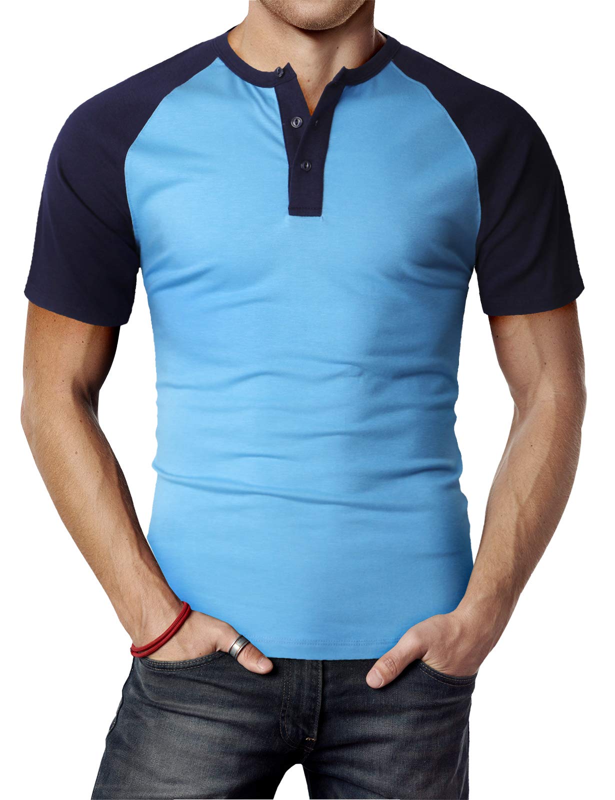 H2H Men's Henley Short Sleeve Raglan T-Shirt - Slim Fit Casual Shirt for Everyday Wear, Gym, and Outdoor Activities
