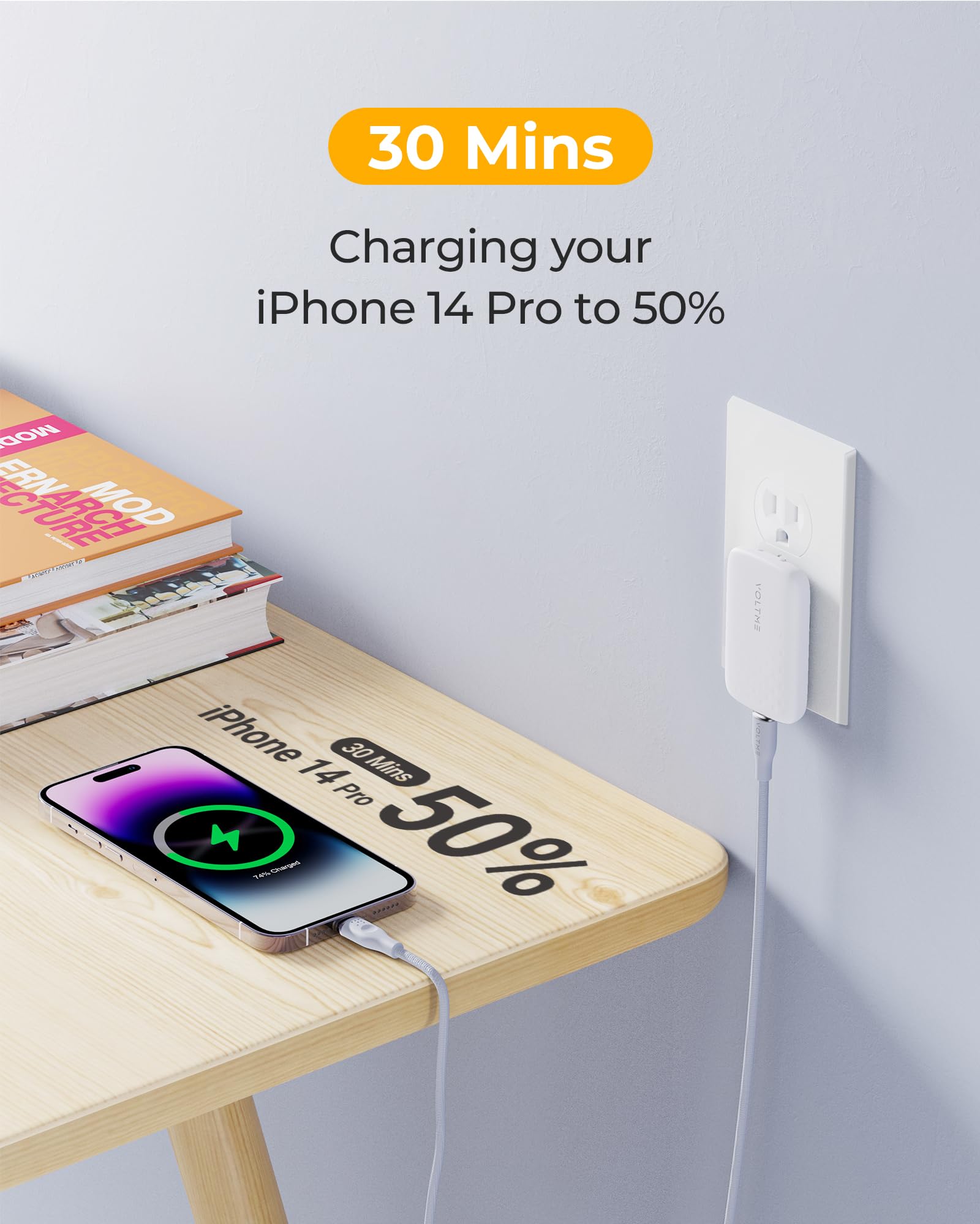 VOLTME 30W USB C Fast Charger - Ultra Slim Wall Charger with 3.3ft Cable & Foldable Plug - Compatible with iPhone 16/15/14/13/12, MacBook Air, iPad, Galaxy S24/S23/S22 - Perfect for Travel, Home & Office Charging