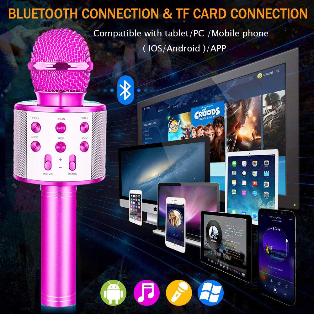 Bluetooth Karaoke Microphone for Kids - Wireless Portable Singing Mic with Echo Function, Built-in Speaker, Compatible with Android/iOS Smartphones (Purple) - Perfect for Home Parties, Birthday Gifts & Singing Practice