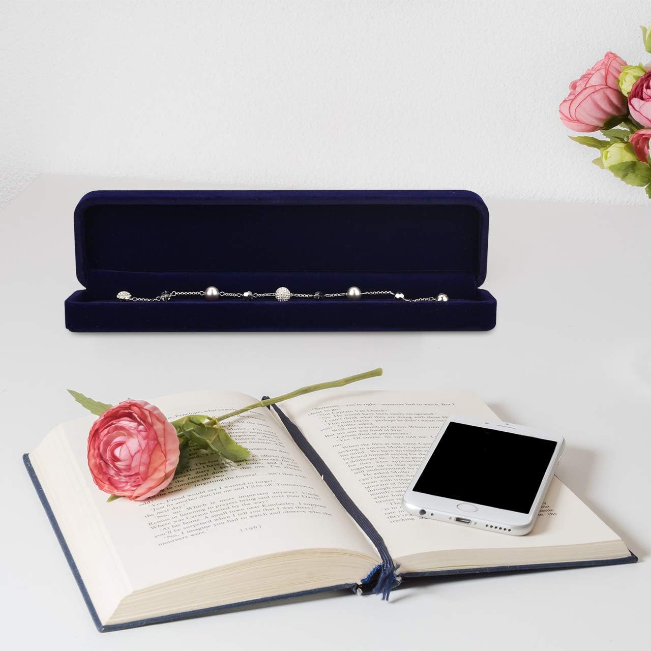 Cosmos Blue Velvet Bracelet Jewelry Gift Box with Marble Pattern Storage Bag - Perfect for Bracelet Storage, Jewelry Organization & Gift Giving