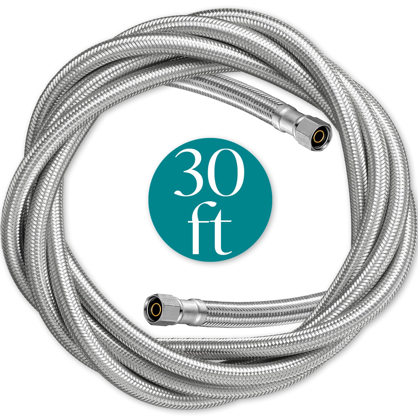 30' PEX Refrigerator Water Line for Ice Maker - Braided Stainless Steel Supply Hose with 1/4
