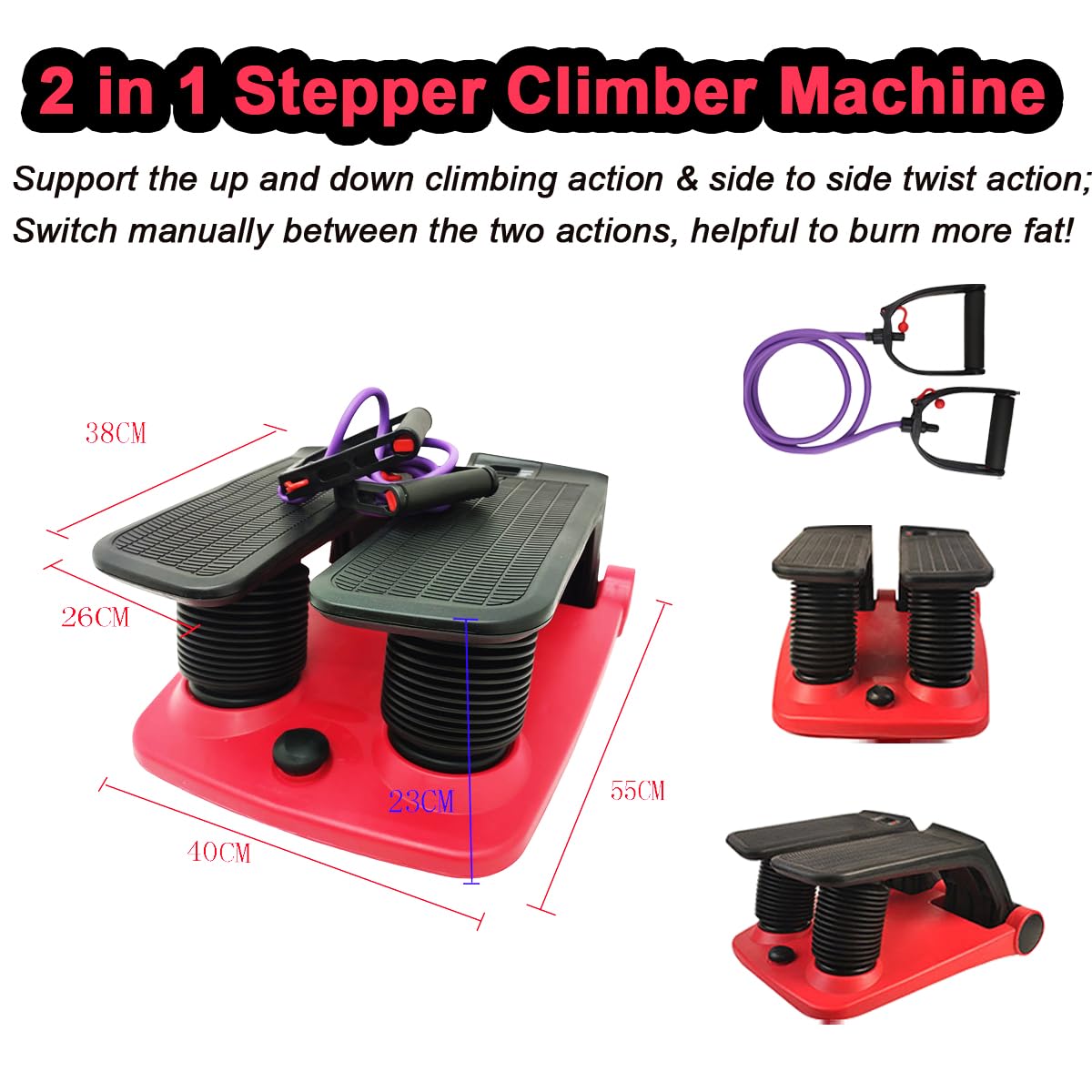 INTBUYING Stepper Climber Fitness Machine with Resistance Bands - Portable Stair Stepper for Home Workout, Low-Impact Cardio Exercise Equipment - Adjustable Height, Space-Saving Design with Comfortable Foot Pedals - Perfect for Small Spaces, Apartment Gym & Office Fitness