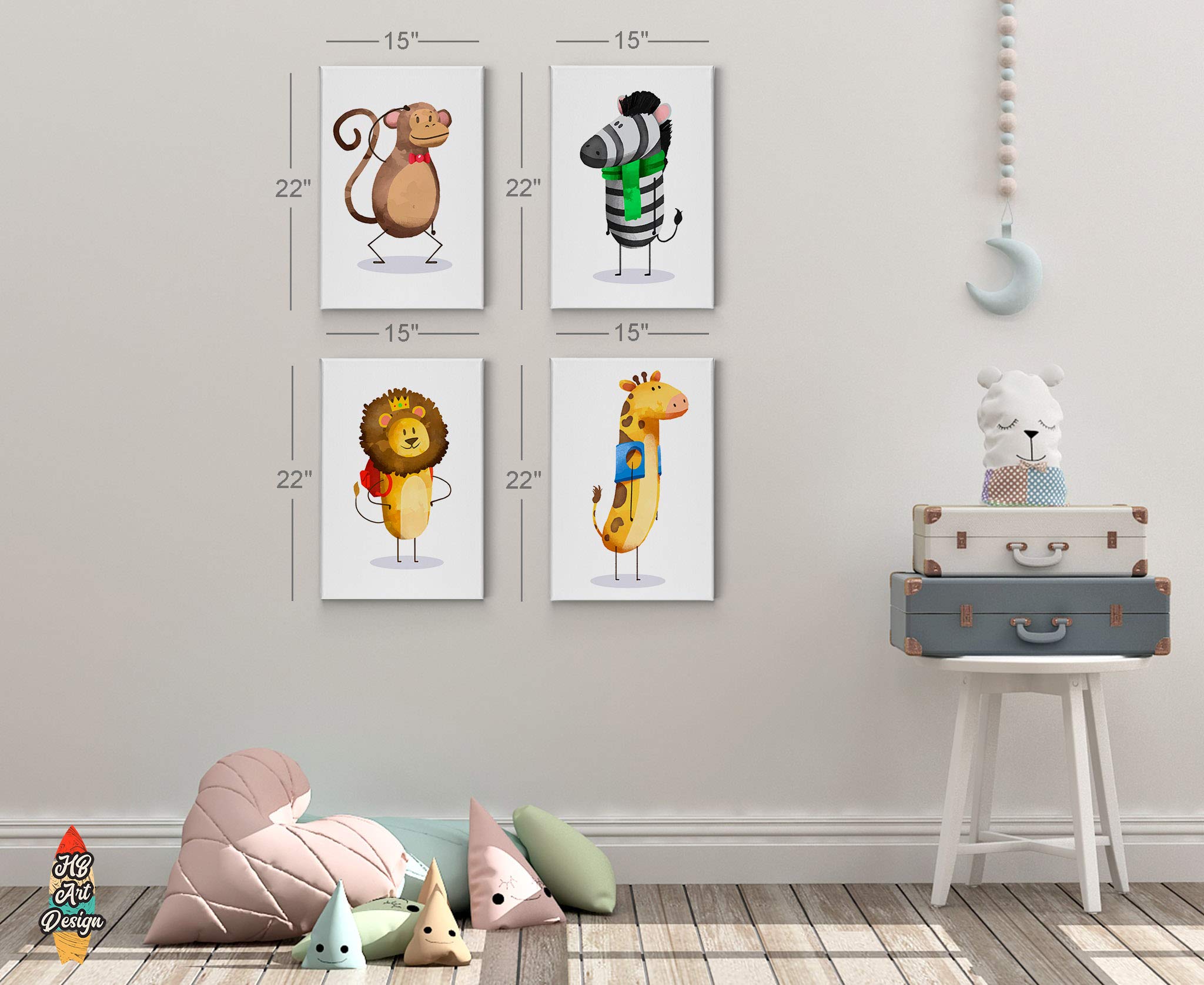 HB Art Design Monkey Zebra Lion Giraffe 4-Panel Canvas Wall Art Set - Handmade Nursery Decor for Baby Girl & Boy Rooms - Perfect for Kids Bedroom, Playroom & Nursery Decor - Ready to Hang (28x19 inches each) - 100% Handmade in USA