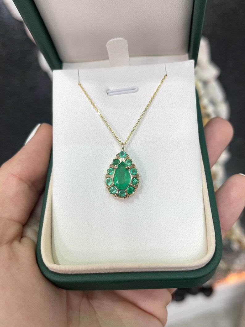 2.68tcw 14K Gold Colombian Emerald Pear & Round Cut Multi Gemstone Prong Pendant Necklace for Women - Elegant Jewelry Gift for Birthday, Anniversary & Special Occasions