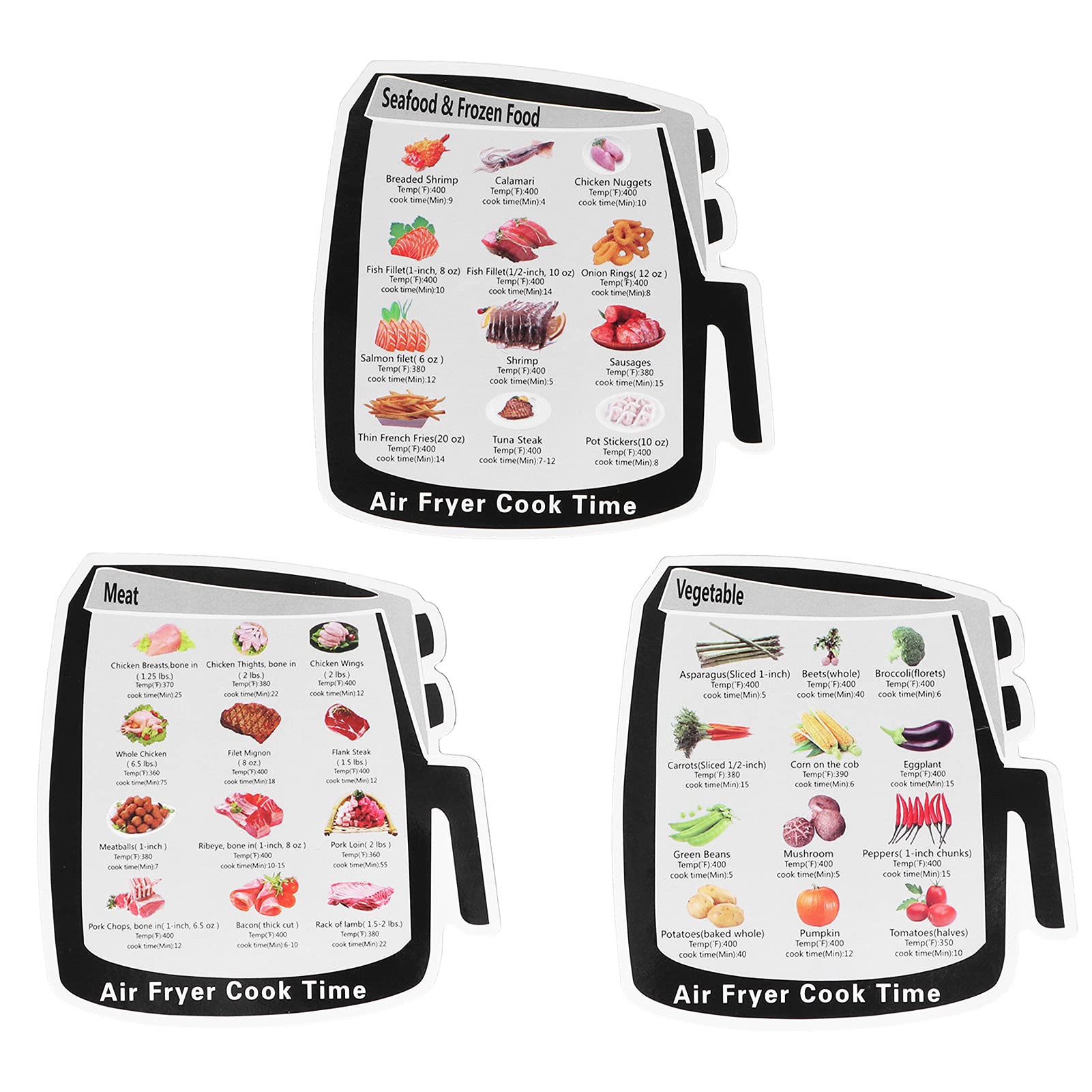 3Pcs Magnetic Cooking Time Cheat Sheet - Kitchen Air Fryer Guide for Vegetables, Meat, Seafood & Frozen Foods | Perfect for Meal Prep & Quick Cooking at Home