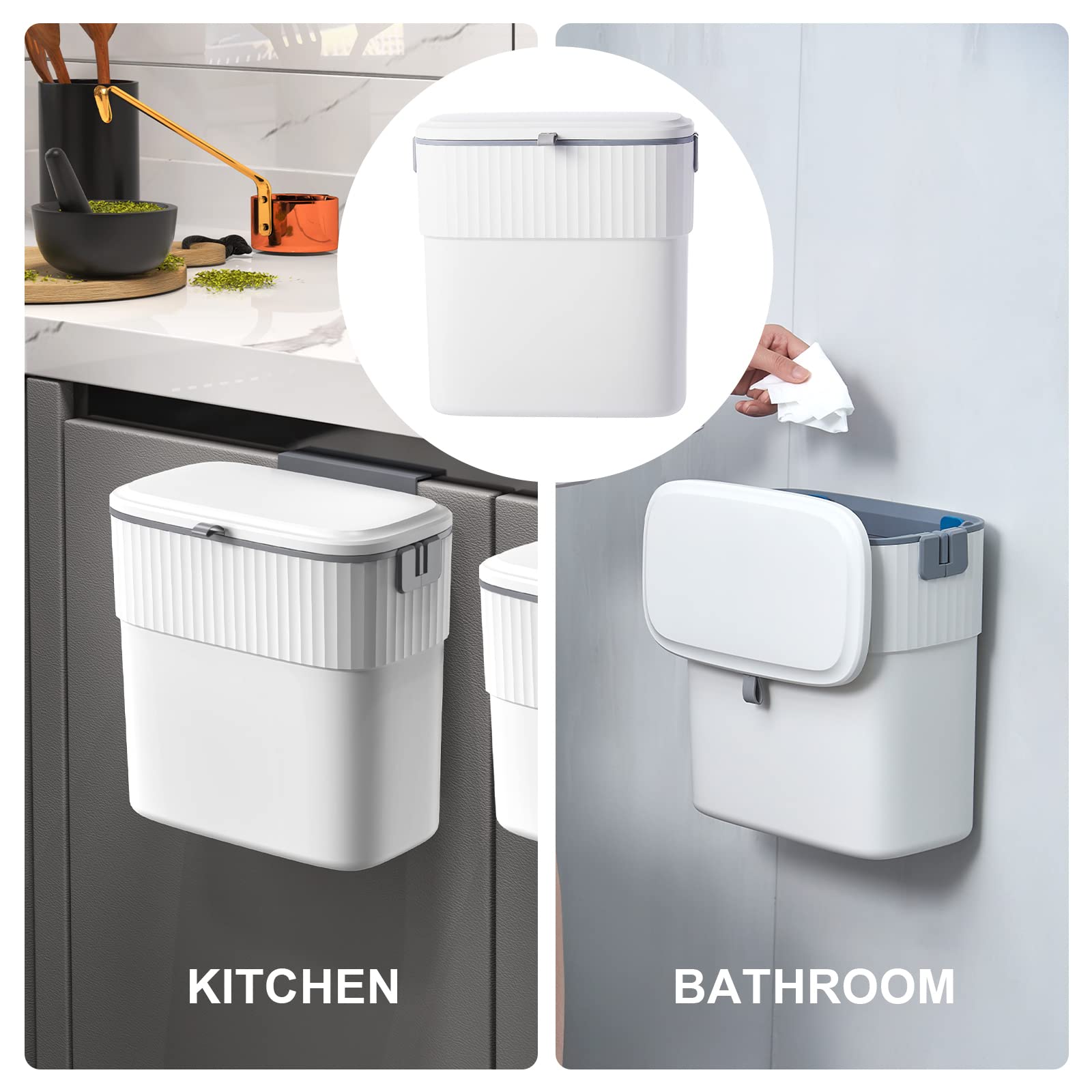 ELPHECO 2.5 Gallon Hanging Trash Can with Lid - Under Sink Kitchen Compost Bin, Wall-Mounted Plastic Garbage Can for Small Spaces, Compact Trash Bin for Cupboard & Countertop - Perfect for Kitchen, Bathroom, Office & RV Use
