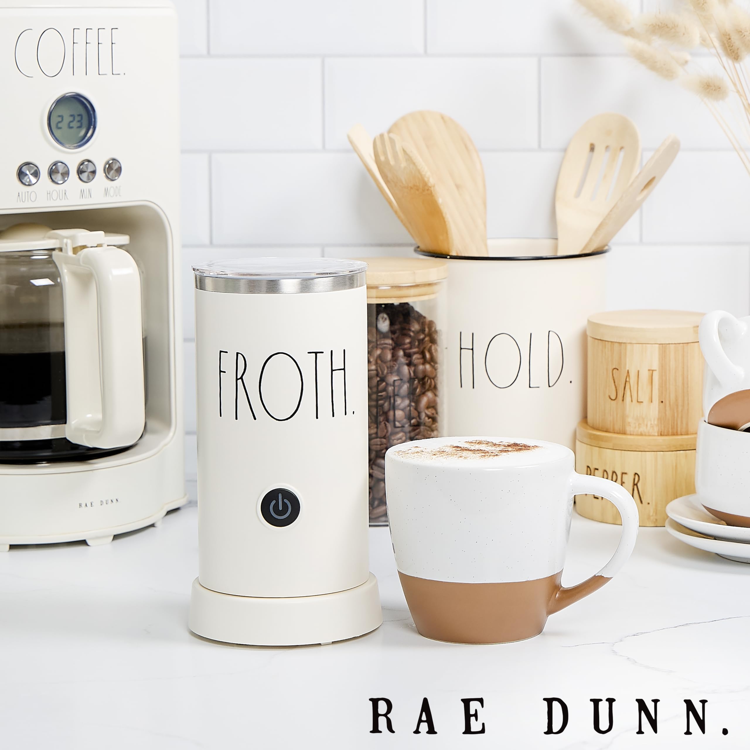 Rae Dunn Electric Milk Frother and Steamer - 550W Automatic Milk Warmer for Hot & Cold Foam - Perfect for Coffee, Latte, Cappuccino, Macchiato, Hot Chocolate - Ideal for Home, Office, and Coffee Shops (Cream)