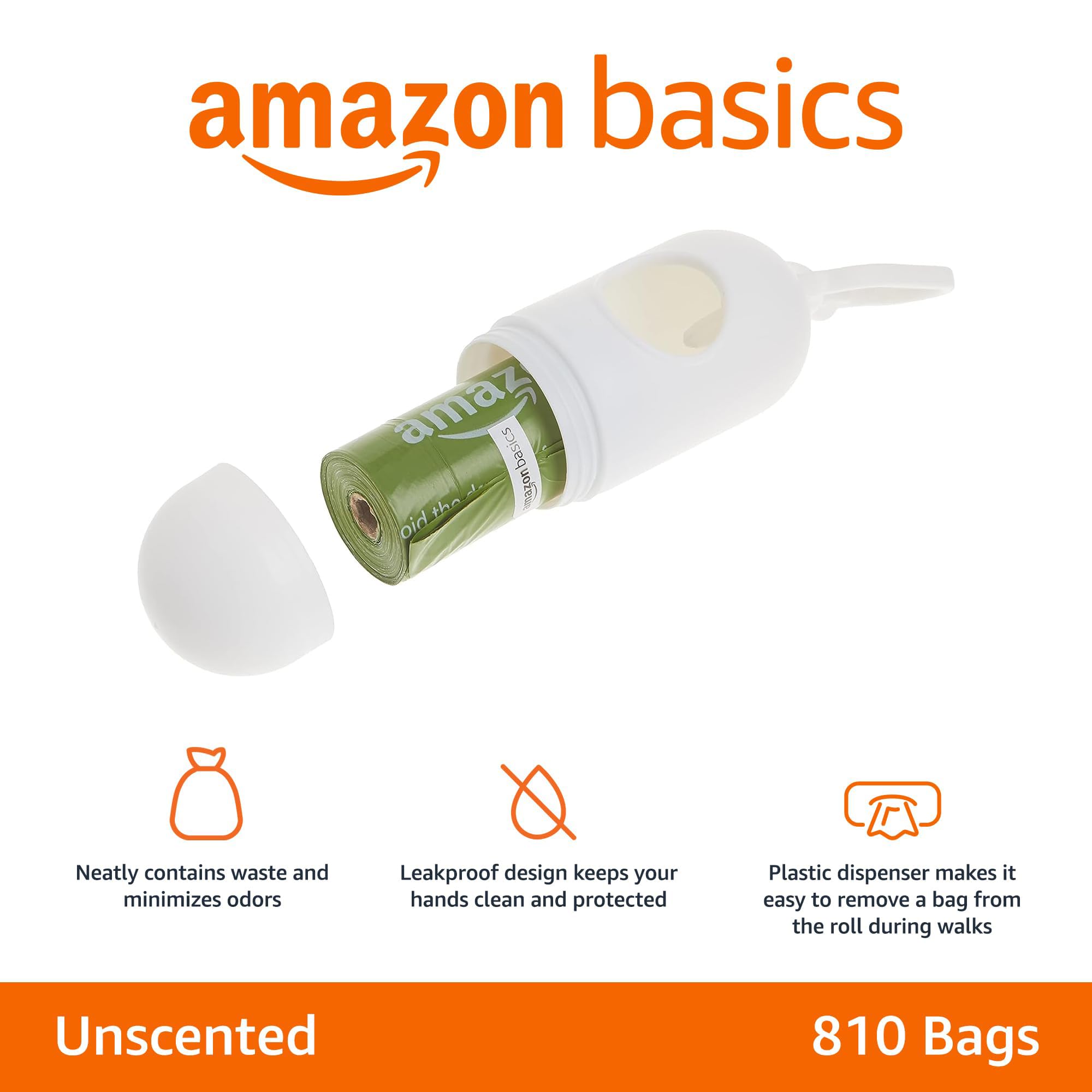 Amazon Basics Unscented Dog Waste Bags with Dispenser & Leash Clip - 13x9 Inch Eco-Friendly Poop Bags, 810 Count (54 Rolls) - Perfect for Dog Walking, Park Visits & Pet Cleanup