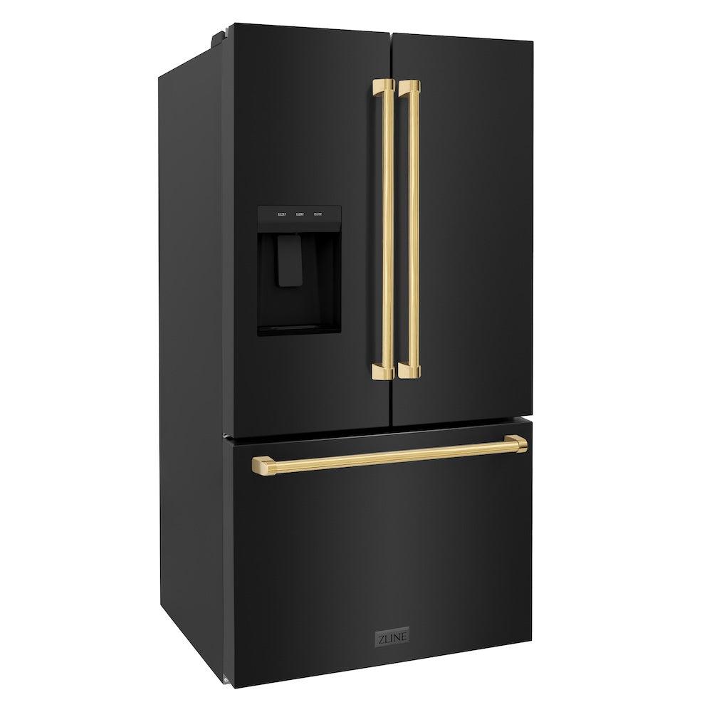 ZLINE Autograph Edition 36 Inch French Door Refrigerator - 28.9 cu ft Capacity, External Water Dispenser, Dual Ice Maker, Fingerprint Resistant Black Stainless Steel with Polished Gold Handles (RSMZ W 36 BS G) - Perfect for Modern Kitchens, Entertaining & Large Family Storage