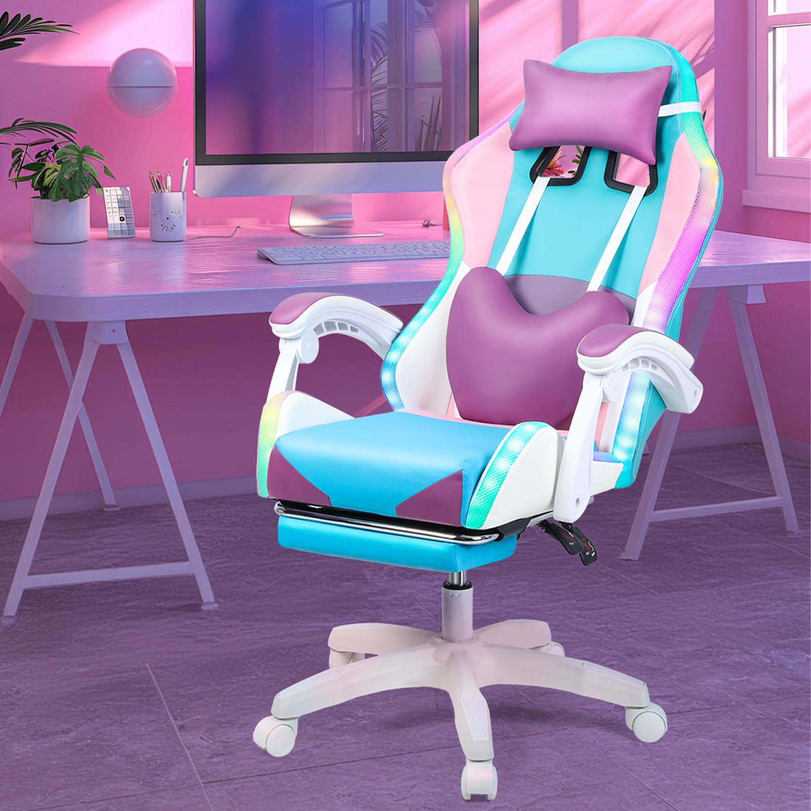 Ergonomic Gaming Chair with Built-in Speakers & LED Lights - High Back Reclining Computer Chair with Footrest Massager & Lumbar Support - Perfect for PC Gamers, Streamers & Home Office (Purple)
