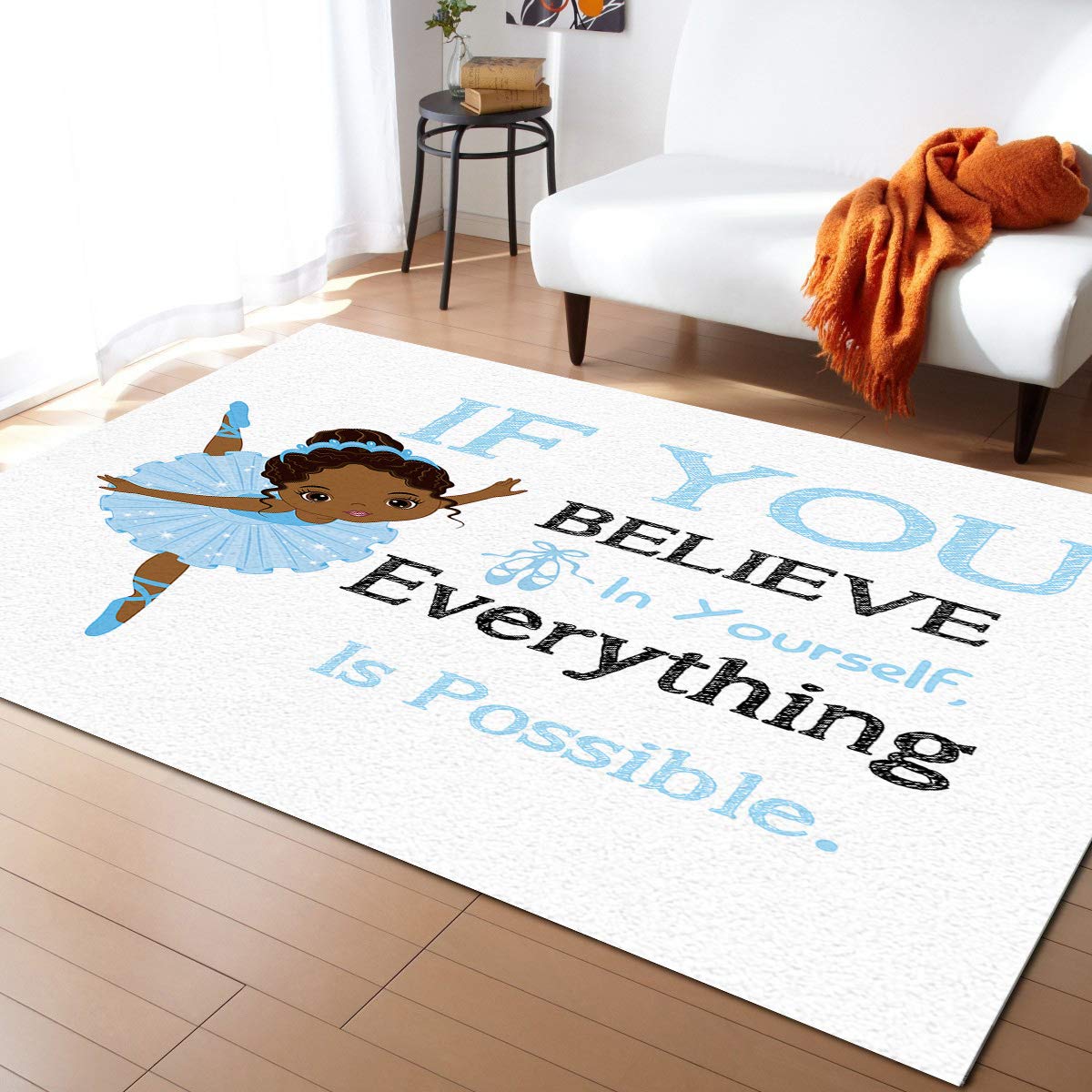 5'x7' Blue Dancing African Girl Area Runner Rug - Washable Indoor/Outdoor Carpet for Kitchen, Living Room, Bathroom, Bedroom, Classroom & Laundry Room - Motivational 'Believe in Yourself' Doormat & Welcome Mat - Perfect for Entryways, Office Desks & Home Decor