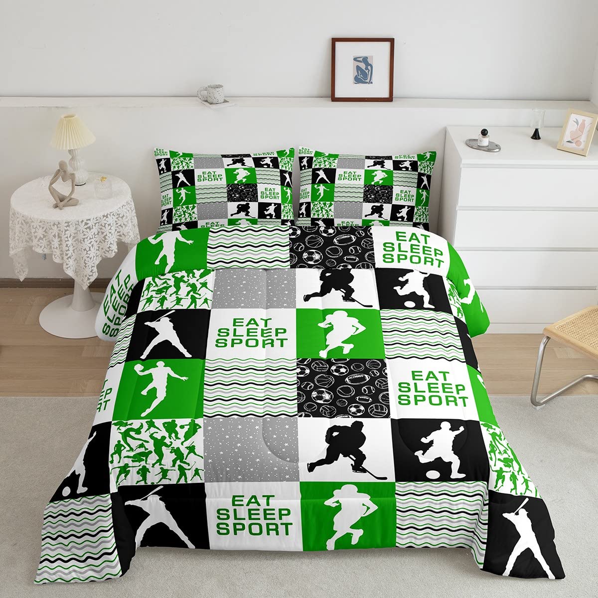 Feelyou 3-Piece Sports Comforter Set for Boys - Baseball, Football, Basketball & Hockey Design - Soft Queen Size Bedding with 1 Comforter & 2 Pillowcases (Green) - Perfect for Kids & Teens Bedrooms, Dorm Rooms & Sports-Themed Decor