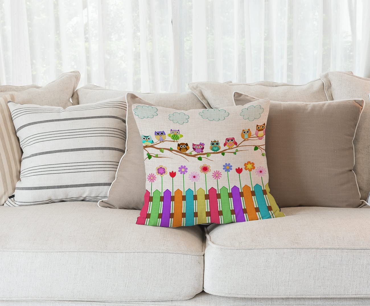 Owls on a Branch Decorative Pillow Cover - 18x18 Inch Farmhouse Style Square Cushion Case with Sunny Countryside Wildflowers Design for Living Room, Bedroom & Porch Decor
