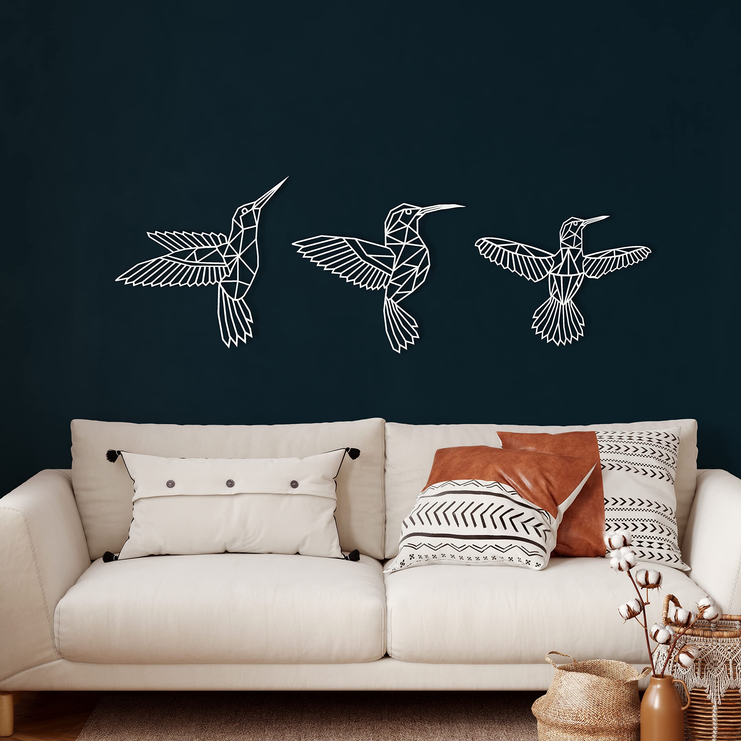 Geometric Bee Bird Metal Wall Art Decor - Set of 6 White Modern Home Decor for Living Room, Bedroom, Office - Indoor & Outdoor Metal Wall Hangings for Boho, Farmhouse, Contemporary Interior Design